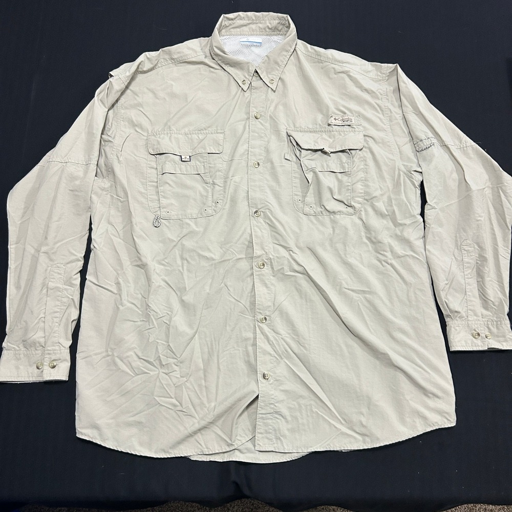 Columbia PFG Bahama II Long Sleeve Fishing Shirt Tan Beige Mens 2XT Tall FM7048
